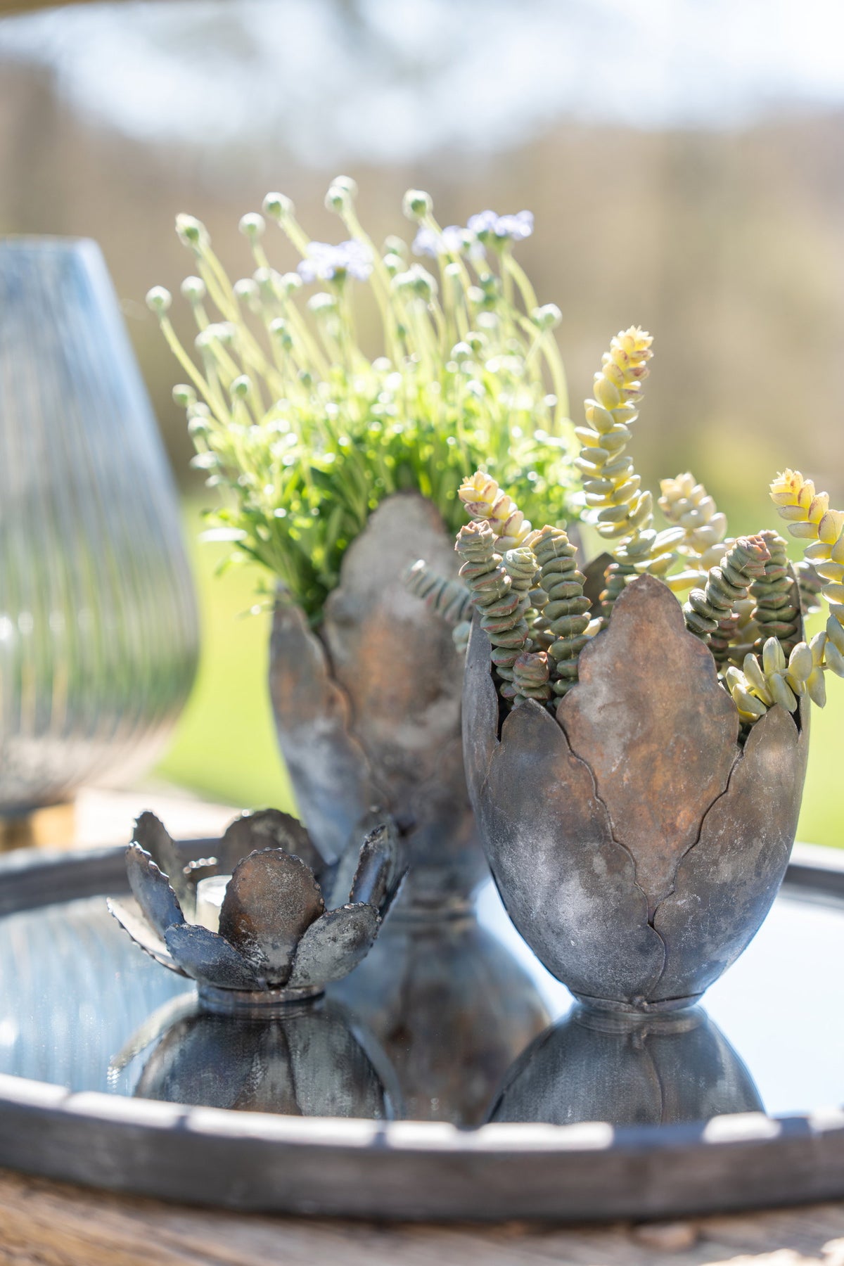 Knopformede potteskjulere i antik bronze/grå med grønne planter på bakke
